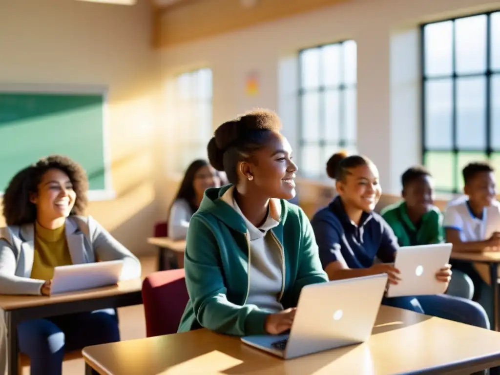 Acceso digital en la educación: Estudiantes participan activamente en una sesión de aprendizaje digital en un aula soleada