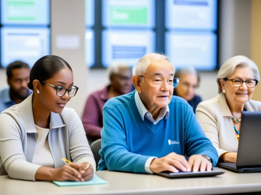 Acceso tecnológico para ancianos: Sala llena de luz natural, ancianos concentrados en laptops y tablets, con instructor brindando apoyo