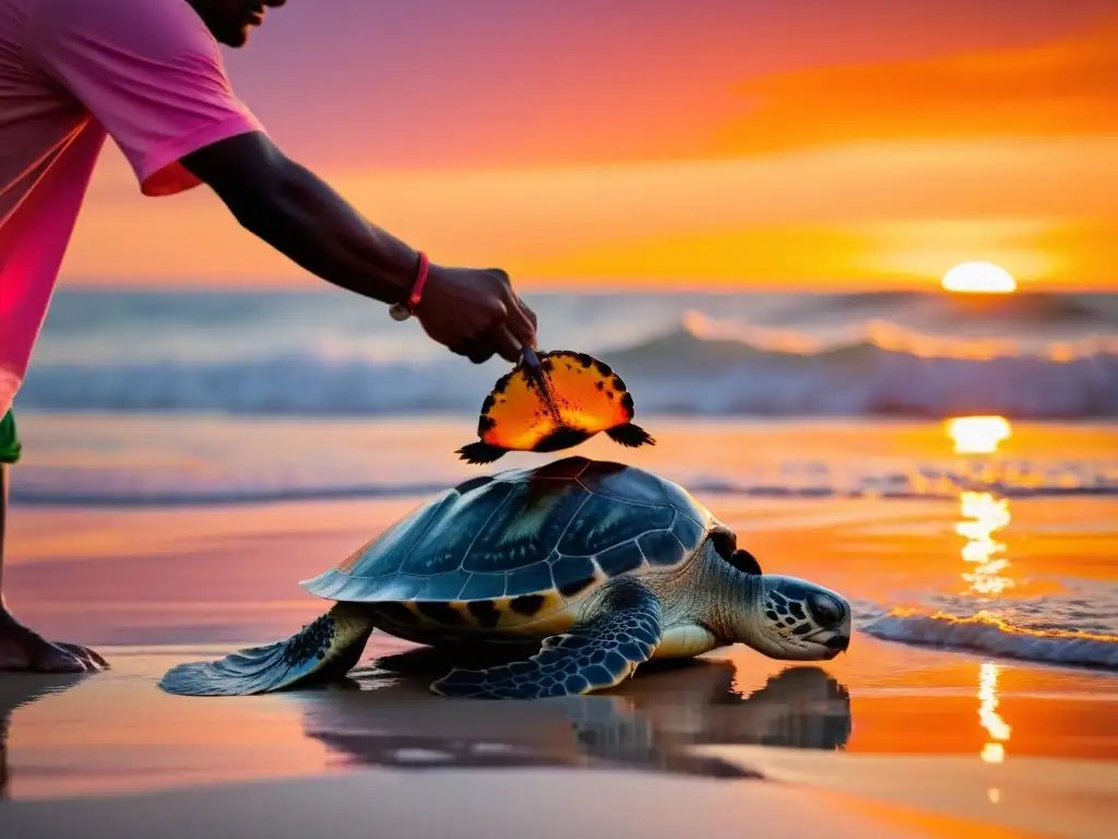 Activismo ambiental para proteger biodiversidad: Activistas liberan tortugas marinas al atardecer, creando un impactante momento de conservación