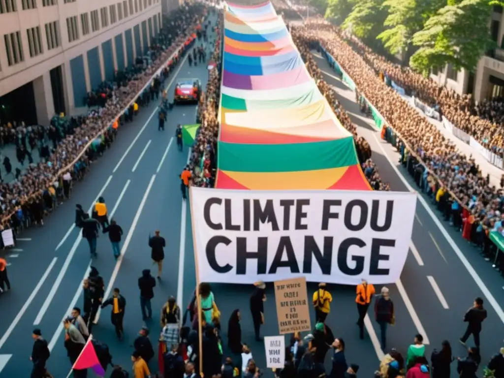Marcha por el cambio climático: juventud unida Manifestación de activismo climático en redes jóvenes: multitud colorida marcha por la ciudad con pancartas, enérgicos y determinados