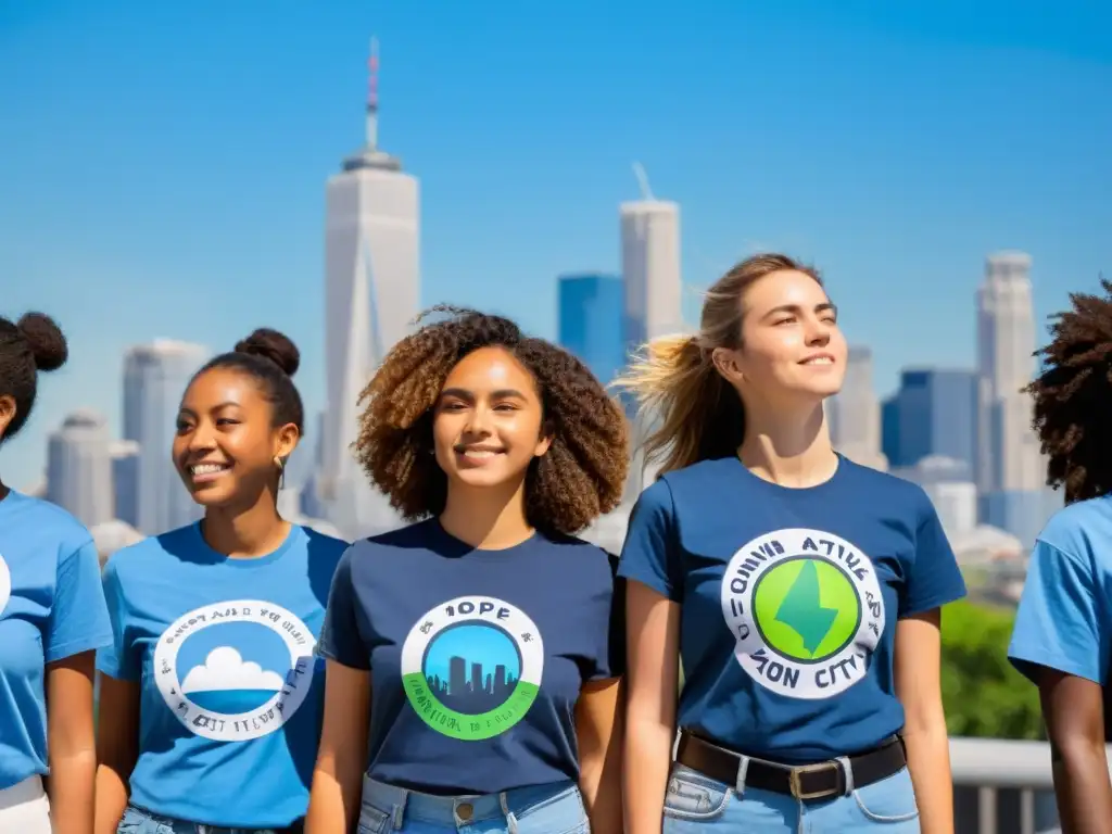 Iniciar activismo climático jóvenes unidos en protesta por un futuro sostenible, con el horizonte de la ciudad de fondo