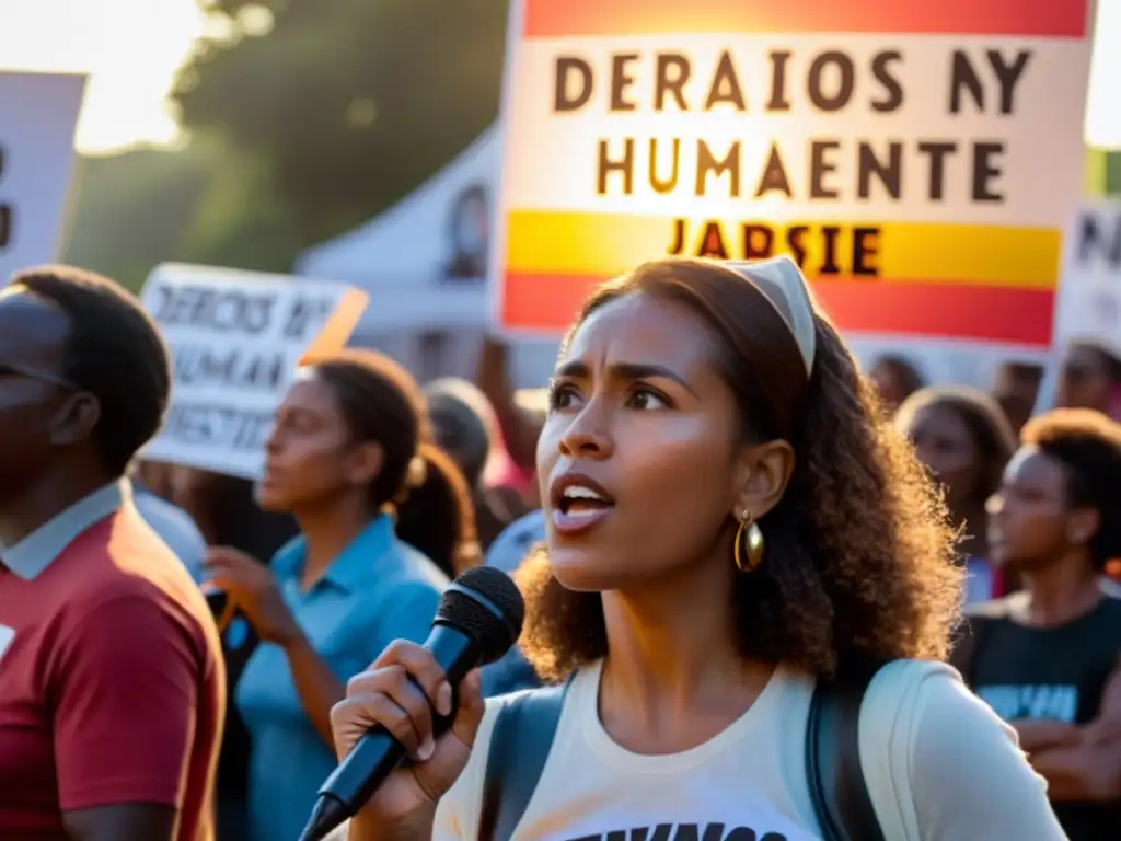 Una activista ambiental apasionada habla en un mitin al atardecer, sosteniendo un letrero que dice 'Derechos Humanos y Medio Ambiente', rodeada de manifestantes con pancartas y banderas, transmitiendo determinación y resiliencia