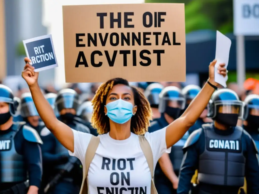 Activista ambiental con determinación desafiando a la policía en protesta por derechos humanos y medio ambiente