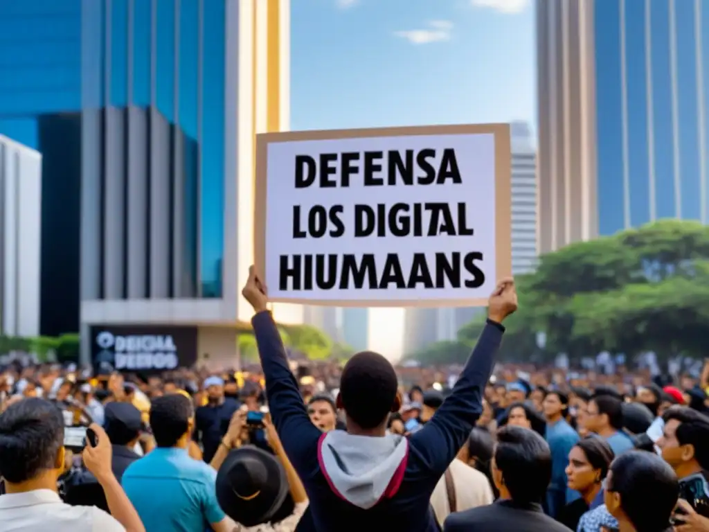 Un activista frente a un edificio gubernamental con una pancarta 'Defensa de los derechos humanos en la era digital'