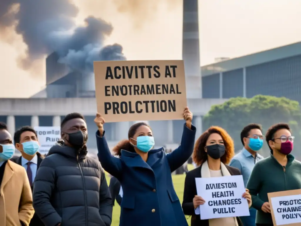 Activistas protestando por un aire limpio frente a un edificio gubernamental, uniendo activismo ambiental y salud pública