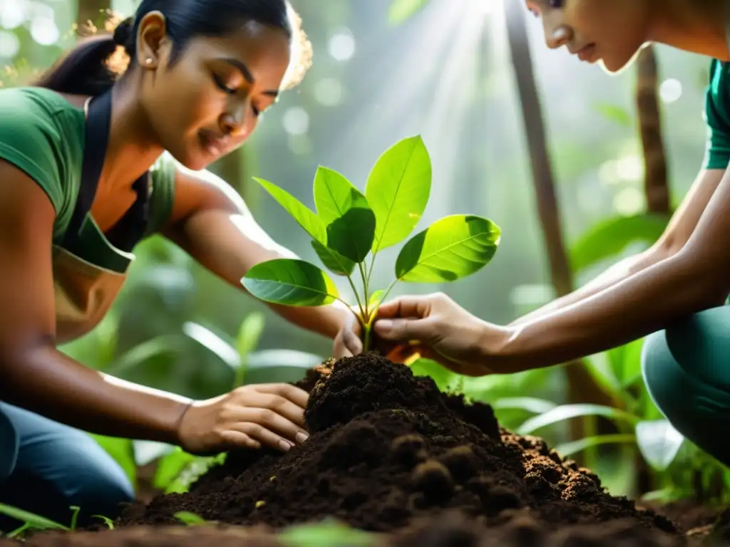 Activistas ambientales plantando árboles en la exuberante selva biodiversa, transmitiendo esperanza y dedicación por proteger la naturaleza