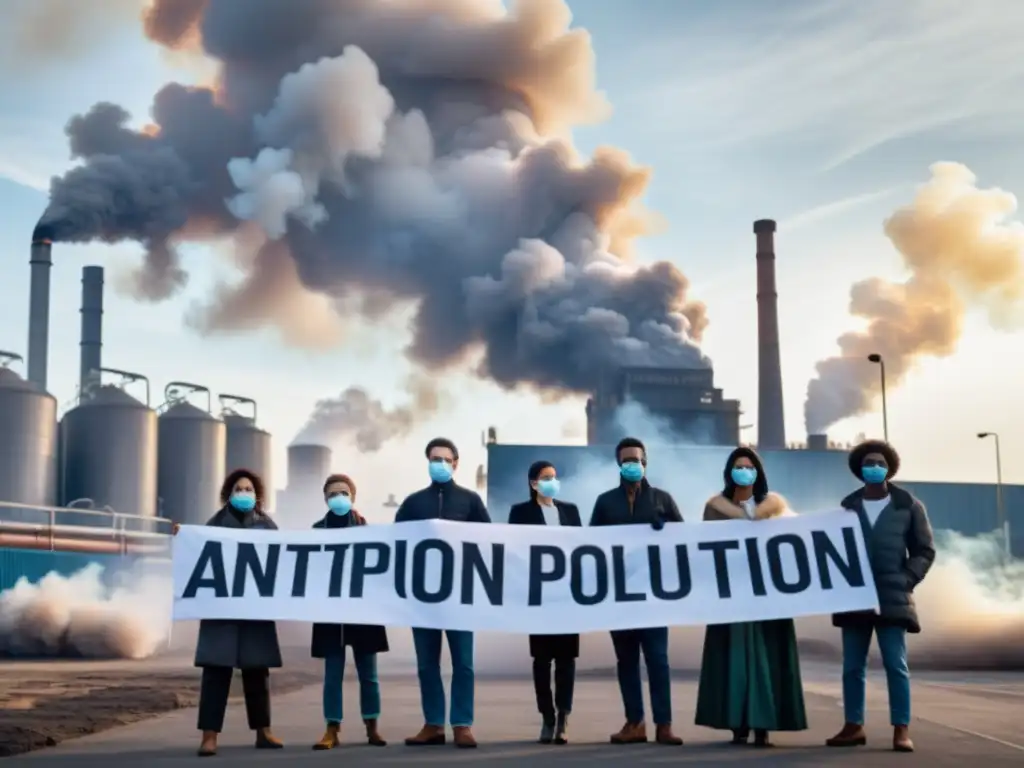 Activistas ambientales protestando pacíficamente contra la contaminación industrial, con fábrica emitiendo humo al fondo