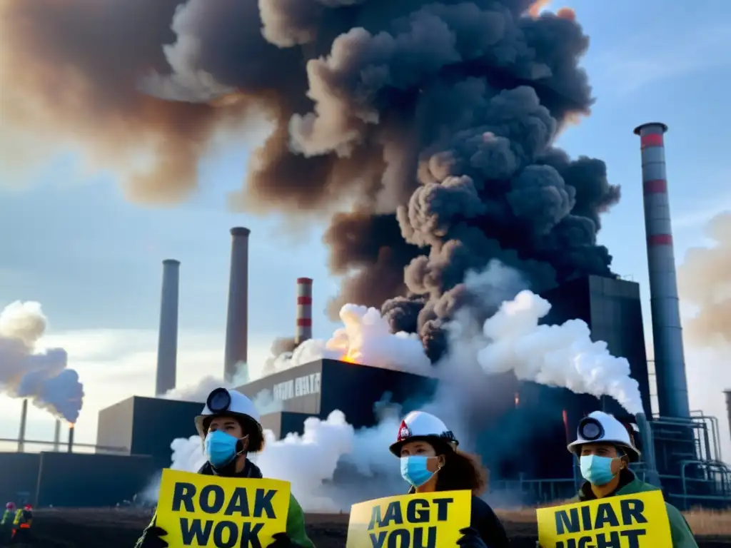 Activistas ambientales desafían la contaminación industrial con determinación, frente a una fábrica emitiendo humo denso