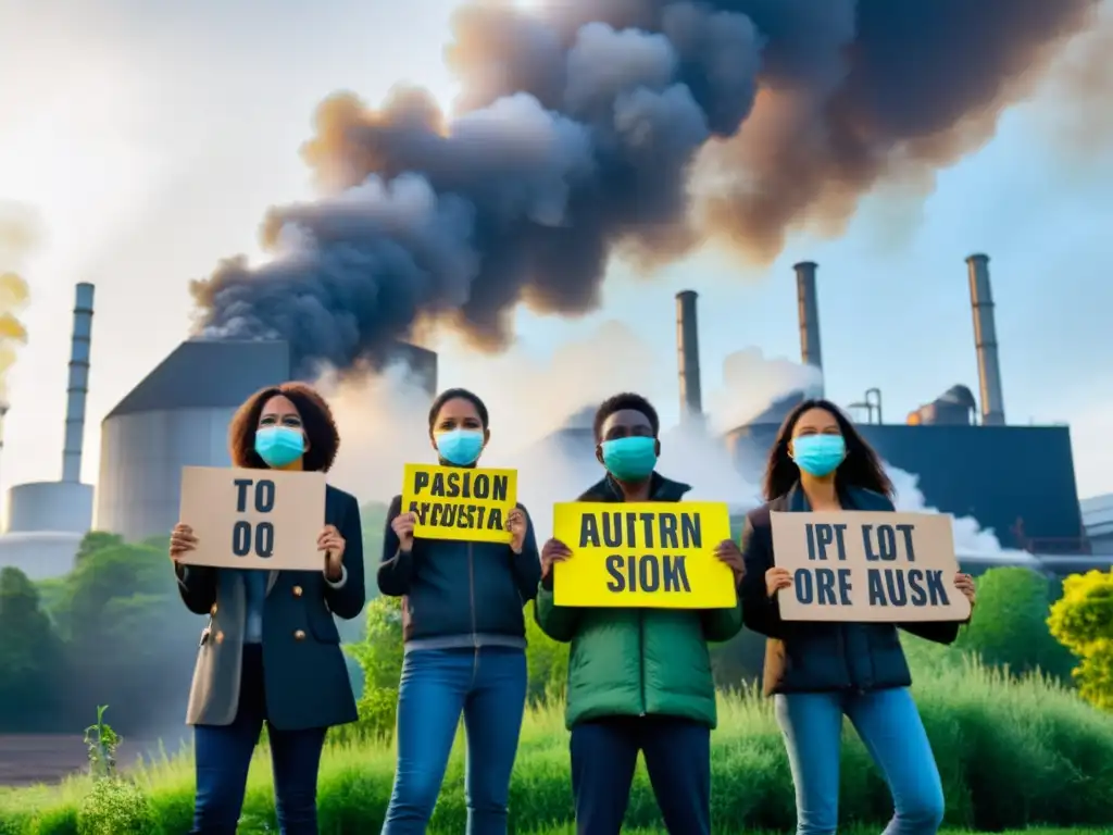 Activistas ambientales desafían contaminación industrial con determinación, entre humo y naturaleza exuberante