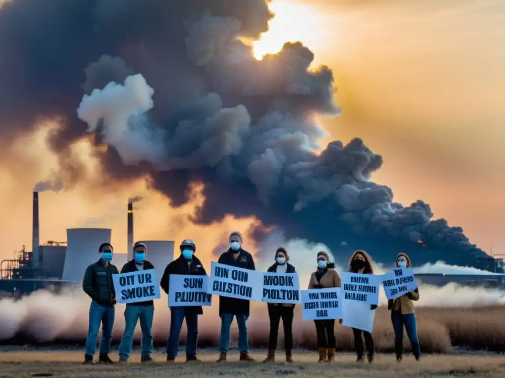 Activistas ambientales frente a fábricas humeantes en atardecer de contaminación