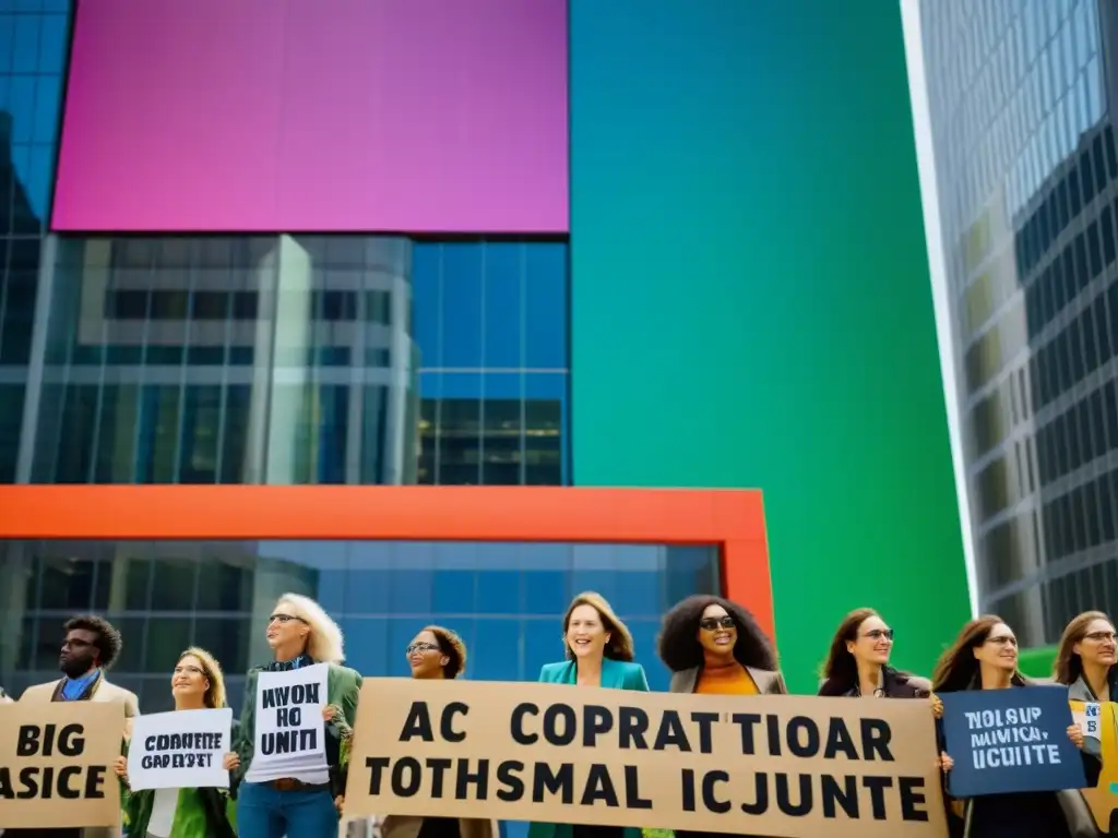 Activistas ambientales desafiando grandes corporaciones: Determinación y resiliencia frente a un imponente edificio corporativo