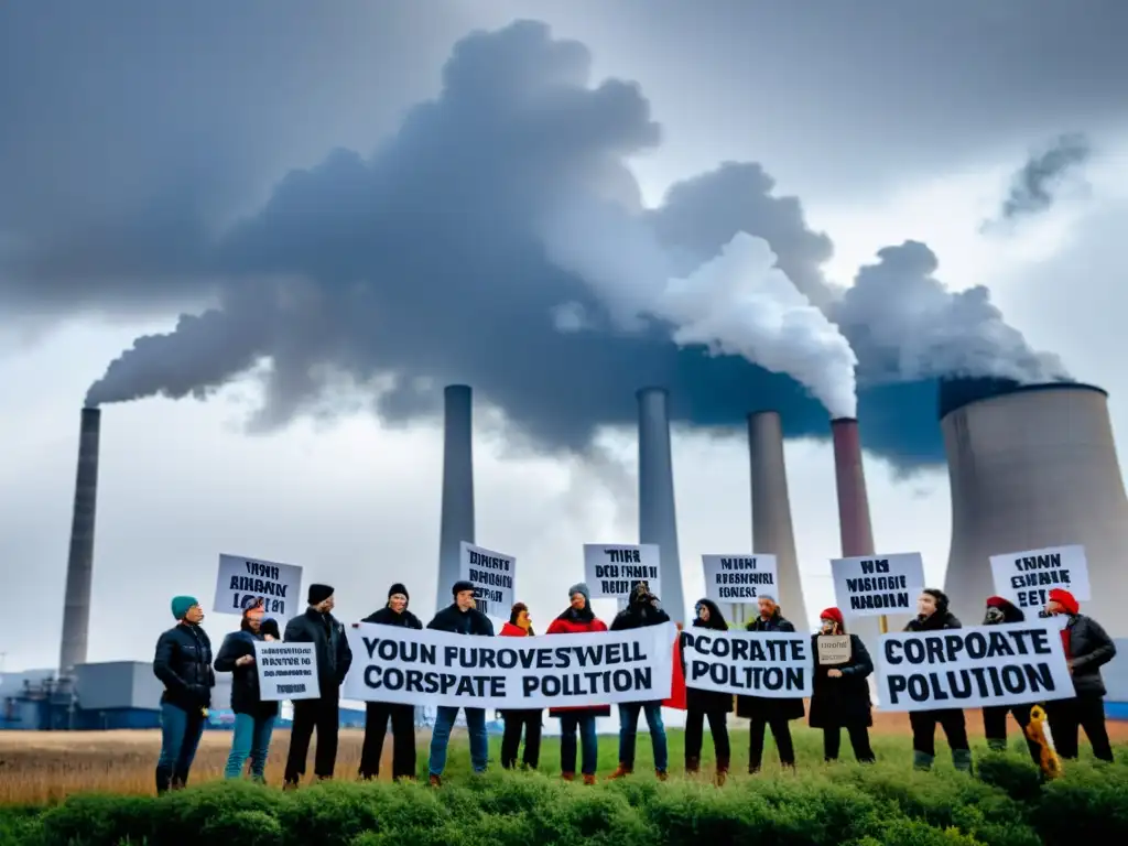 Activistas ambientales desafiando grandes corporaciones frente a una planta industrial, transmitiendo determinación y urgencia