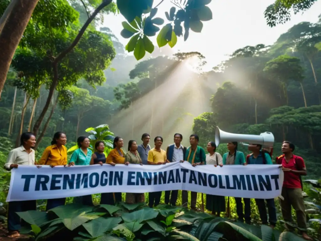 Activistas ambientales en Camboya defienden la tierra en un frondoso bosque, con determinación y pasión