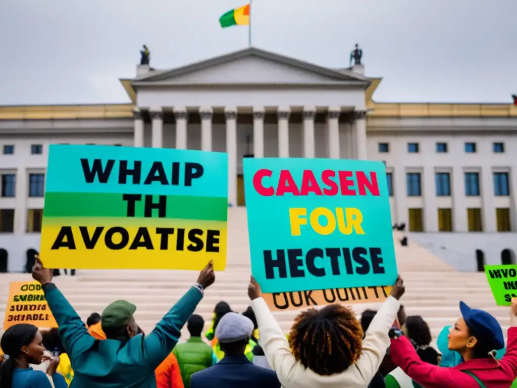 Manifestación por un Futuro Verde: Activistas Unidos por el Medio Ambiente Activistas ambientales unidos frente a un edificio gubernamental, con pancartas coloridas