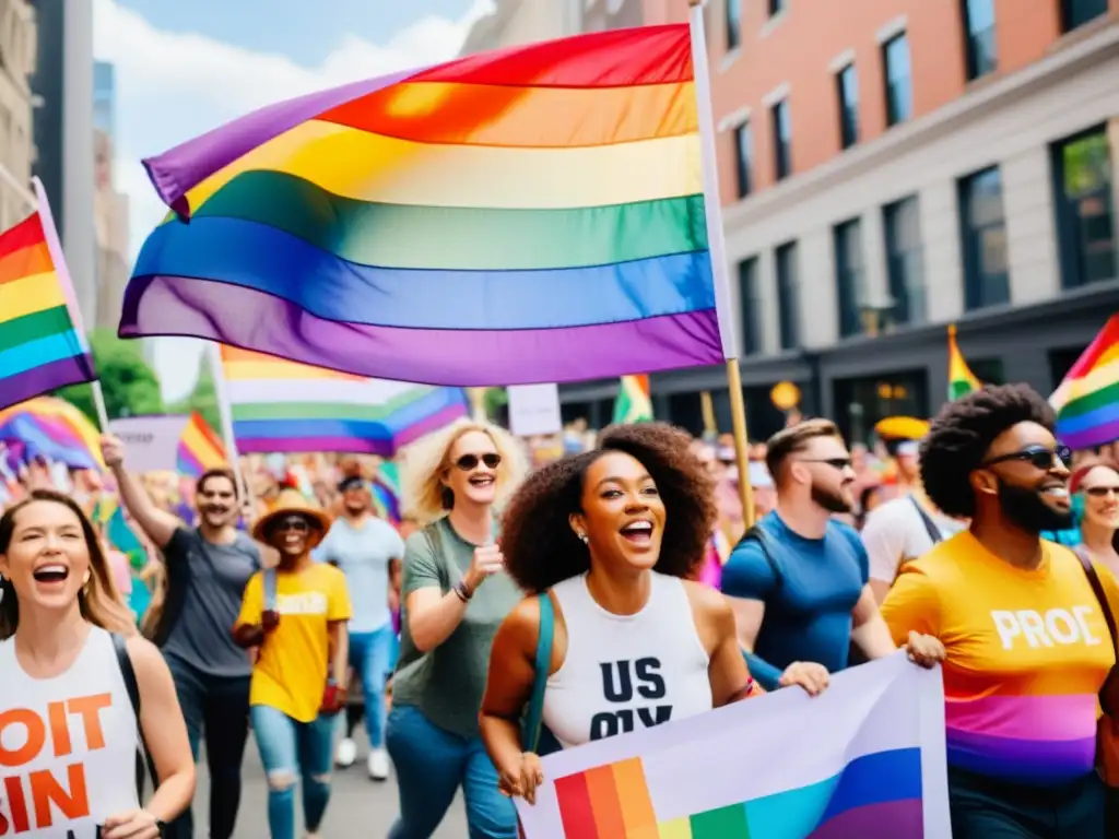 Activistas LGBTQ+ marchan con banderas y carteles en desfile por derechos, mostrando fuerza y determinación