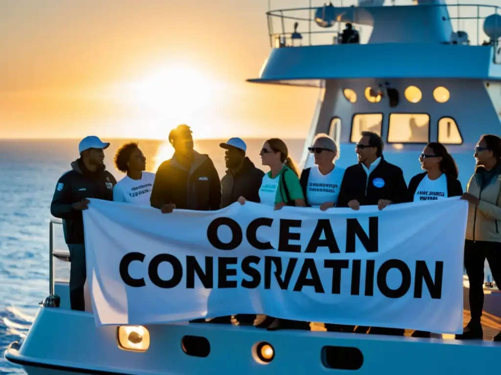 Activistas en un barco de investigación, con mensajes sobre protección de los derechos marítimos, reflejan determinación y pasión por el océano