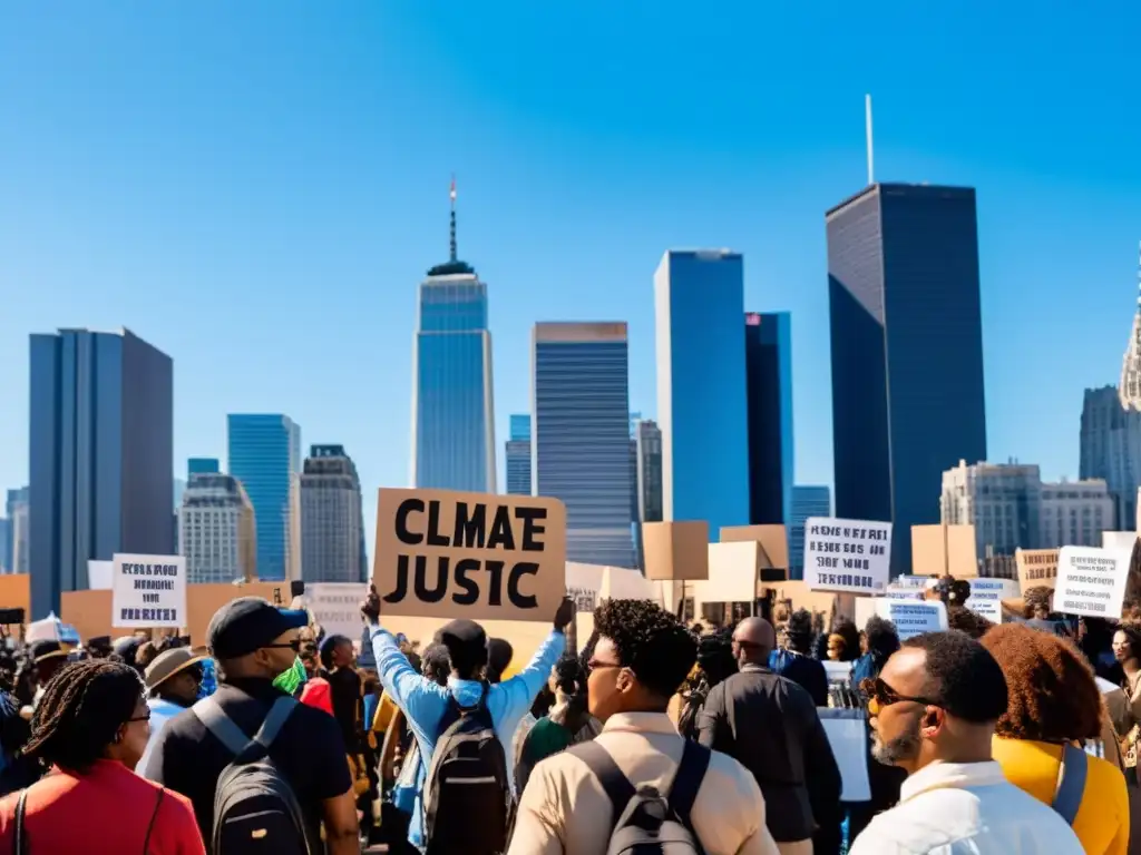 Activistas marchan por el cambio climático desafío derechos civiles, unidos bajo el cielo azul y rascacielos de la ciudad