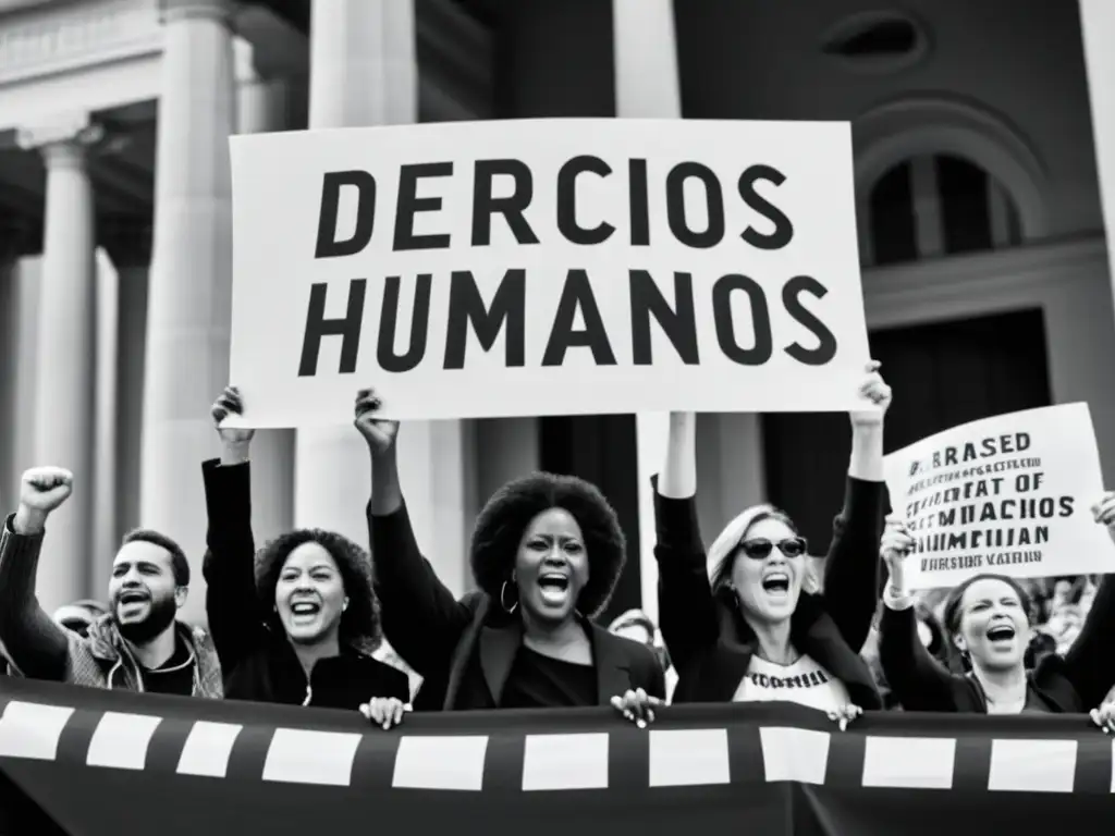 Activistas levantan carteles en protesta pacífica frente a edificio gubernamental