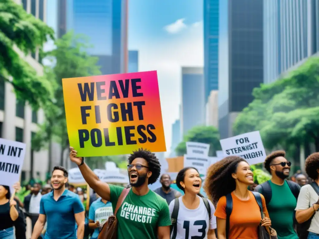 Marcha de activistas por el cambio ambiental Activistas marchando por la ciudad con pancartas coloridas, expresando pasión y determinación en la lucha por políticas sostenibles