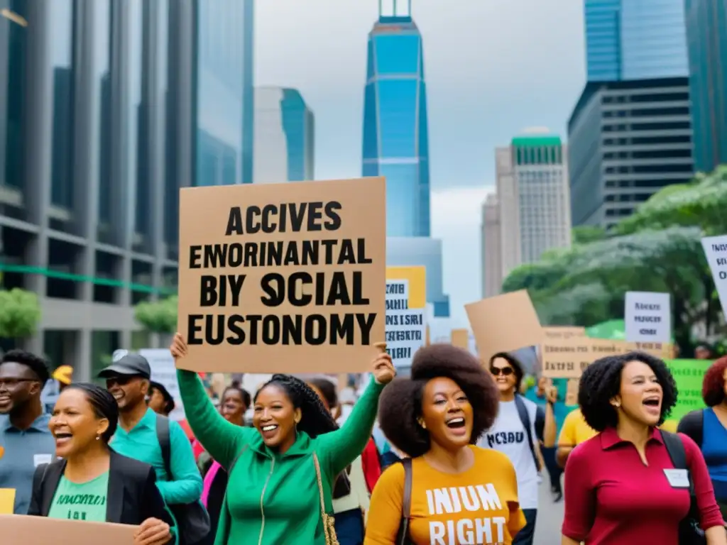 Activistas marchan por la ciudad con pancartas por derechos humanos y economía verde, mostrando su pasión por el cambio