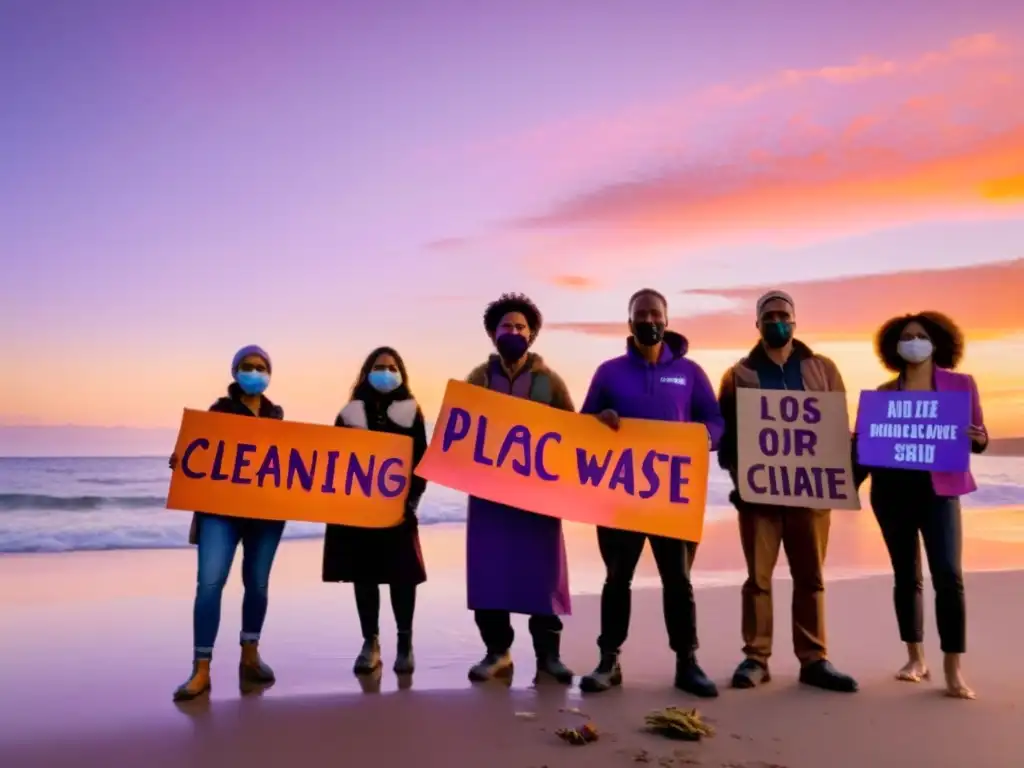 Activistas climáticos en zona costera trabajando juntos al atardecer para limpiar residuos plásticos