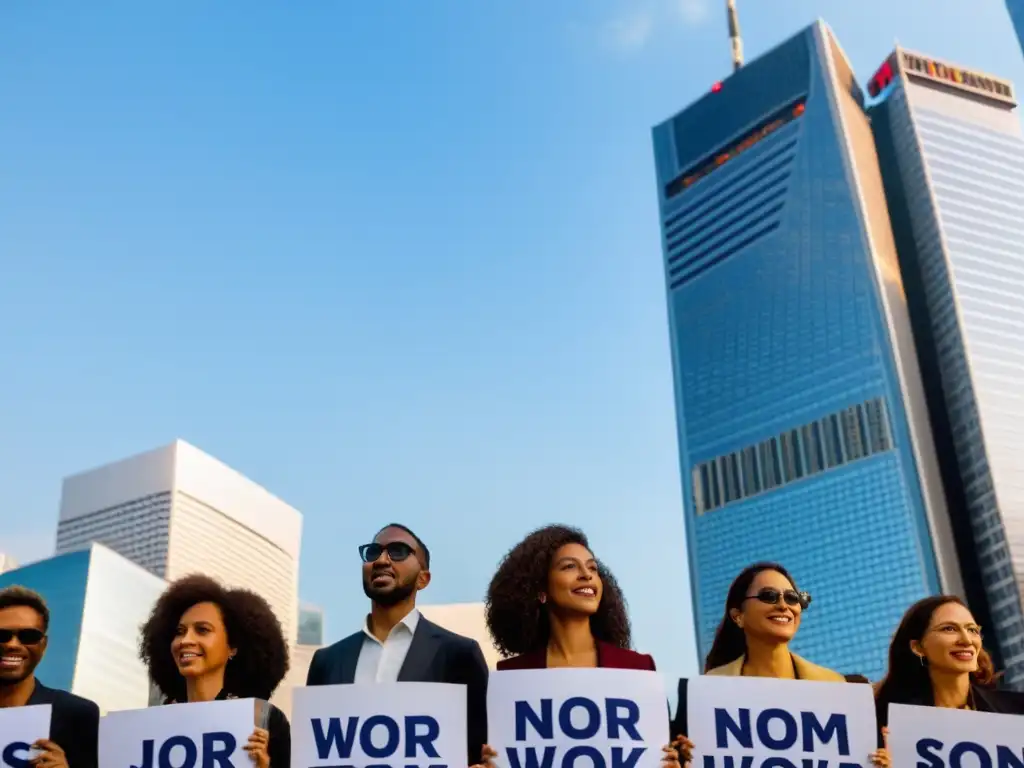 Activistas protestando por derechos frente a sede de multinacional en ciudad global