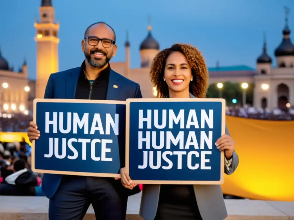 Dos activistas de derechos humanos, uno de Amnistía Internacional y otro de Human Rights Watch, unidos en una plaza urbana con carteles