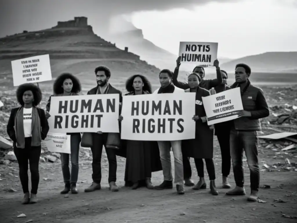 Activistas luchando por derechos humanos en zonas de conflicto, mostrando determinación ante la devastación