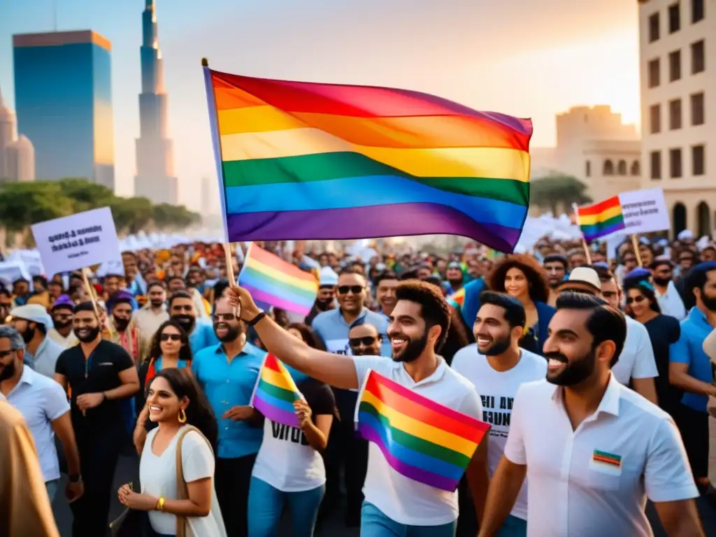 Activistas LGBTQ+ marchan por los derechos en Medio Oriente, desafiando la tradición en una ciudad vibrante al atardecer