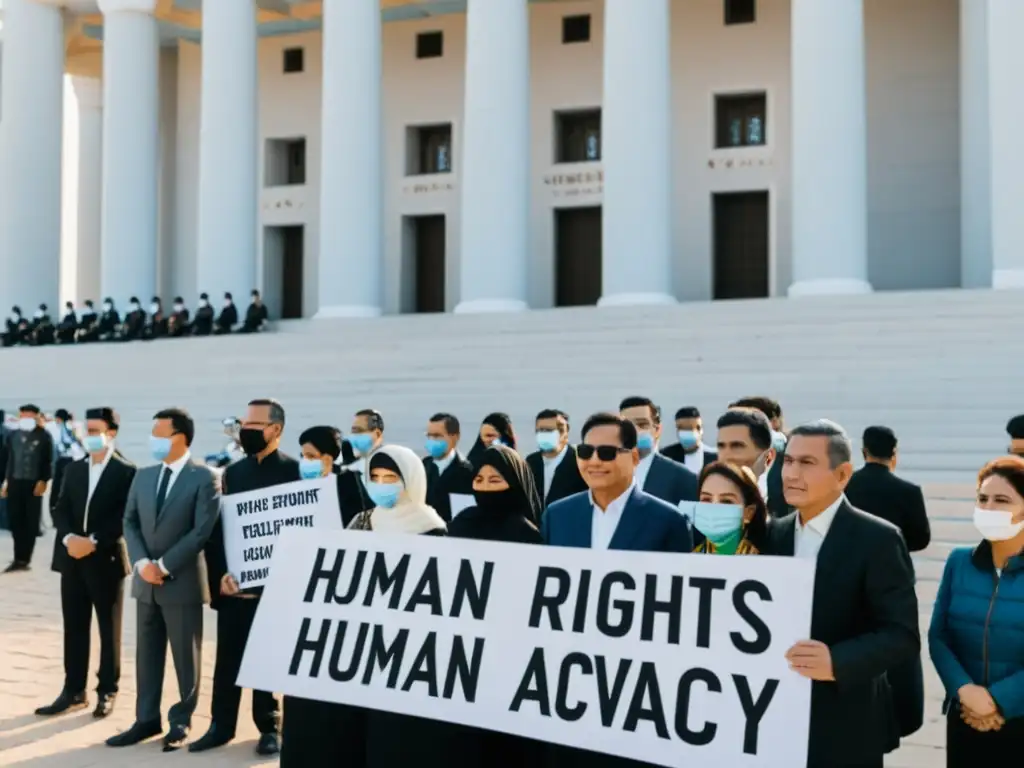 Activistas desafiantes protestan por abuso de derechos humanos en Uzbekistán frente a un imponente edificio gubernamental