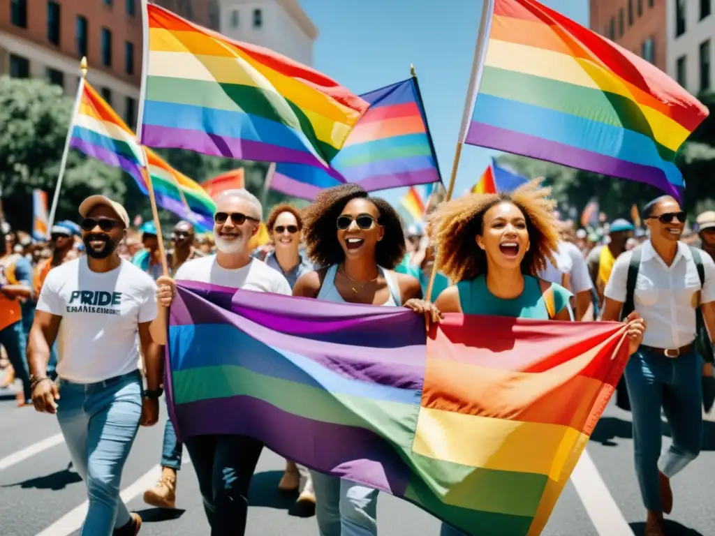 Activistas desafiantes marchan con banderas arcoíris, mostrando influencia política internacional derechos LGBTIQ+