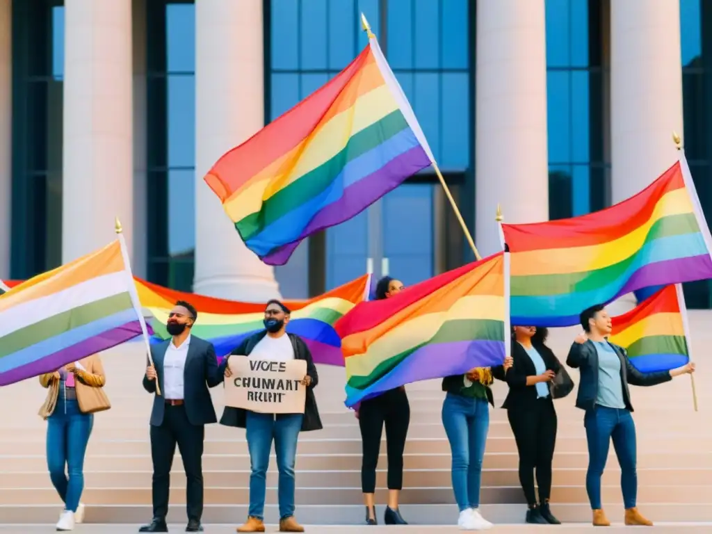 Activistas LGTBQ+ desafiantes en protesta por derechos humanos, mostrando determinación y solidaridad