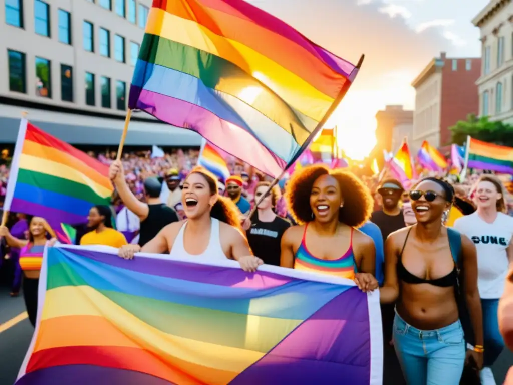 Activistas LGBTQ+ marchan en desfile con banderas y carteles coloridos, rodeados de seguidores diversos en atardecer de celebración y unidad