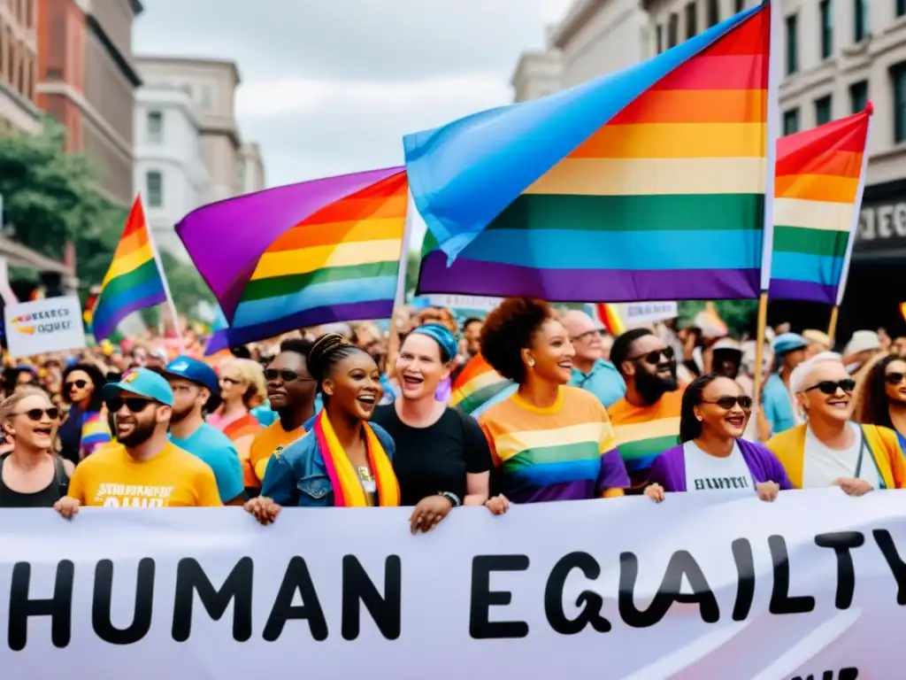 Activistas LGBTIQ+ marchando en un desfile del orgullo, abogando por derechos humanos globales con pancartas coloridas y energía unida