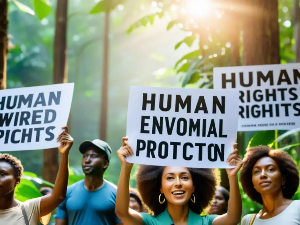 Activistas diversxs con pancartas por los derechos humanos y la protección ambiental, en un bosque