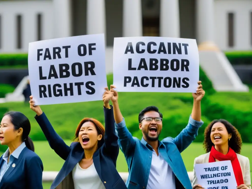 Activistas defienden derechos laborales y ambientales con pasión Activistas enérgicos protestan por derechos laborales y protección ambiental frente a edificio gubernamental, mostrando determinación