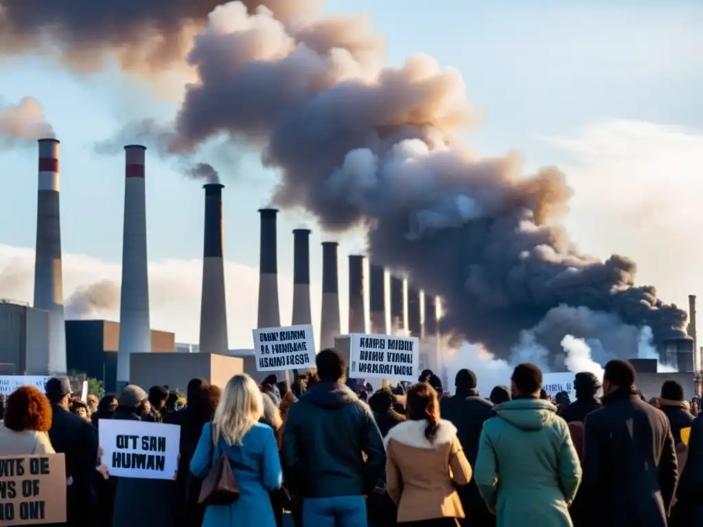 Activistas protestan frente a edificio gubernamental, con humo de fábricas al fondo