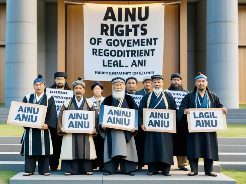 Activistas Ainu muestran determinación frente a edificio gubernamental, abogando por reconocimiento legal derechos humanos Ainu