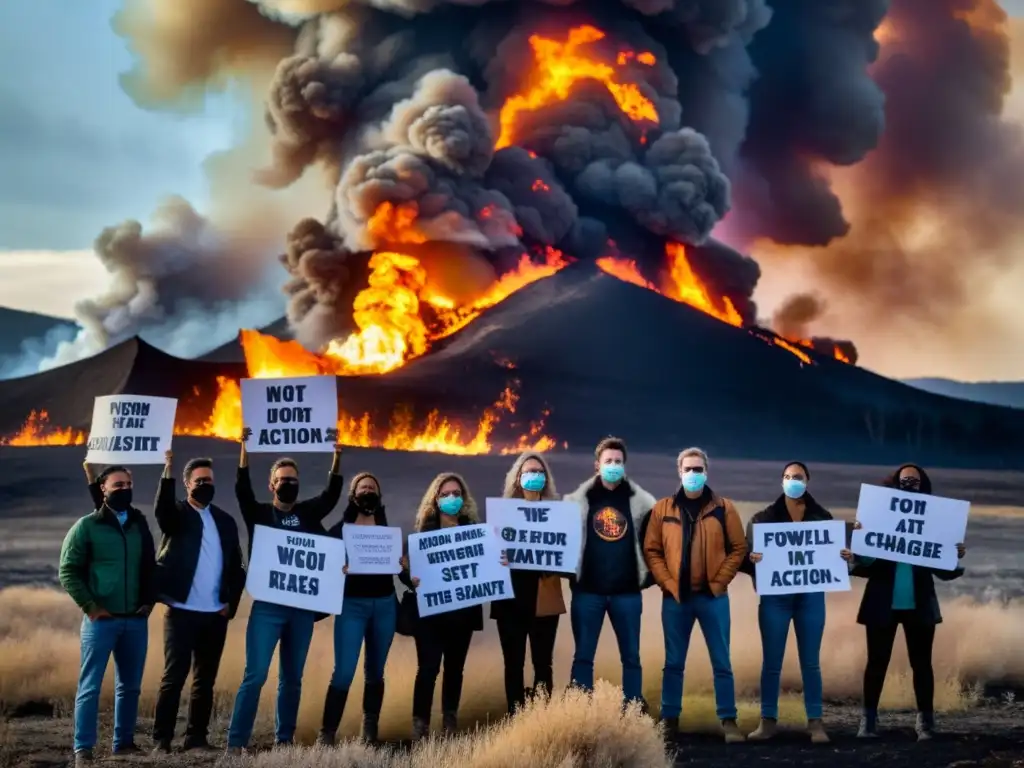 Activistas frente a un incendio forestal, alzando mensajes sobre el activismo climático en zonas riesgo