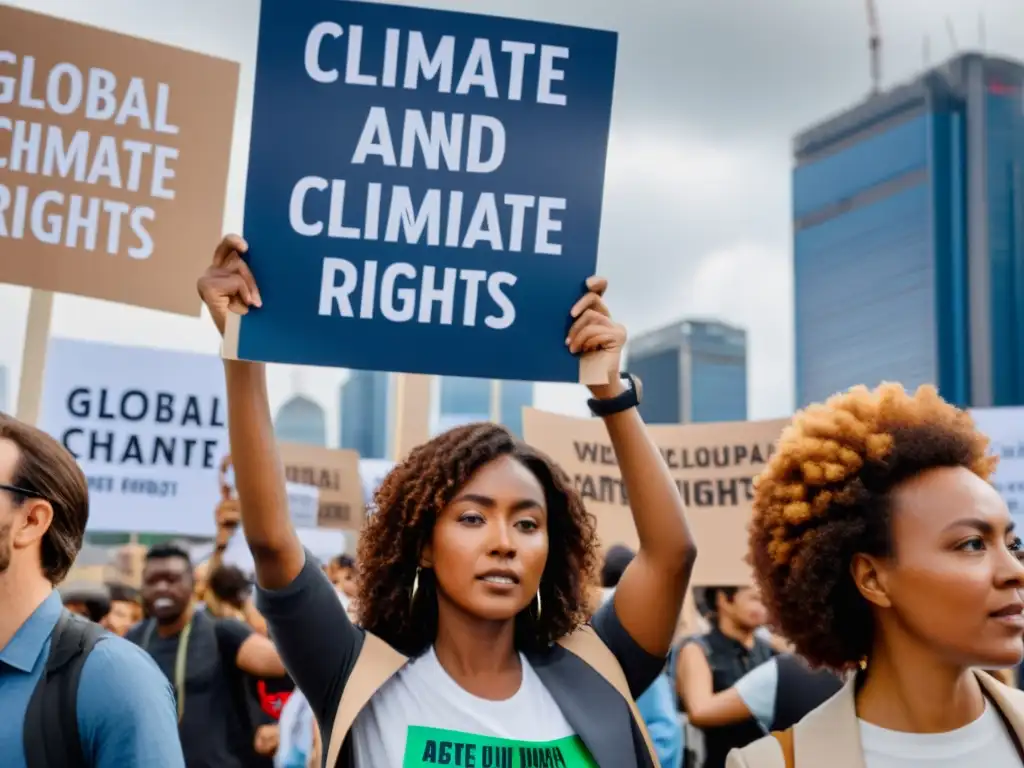 Activistas globales levantan carteles por inversiones responsables y derechos humanos globales en manifestación climática