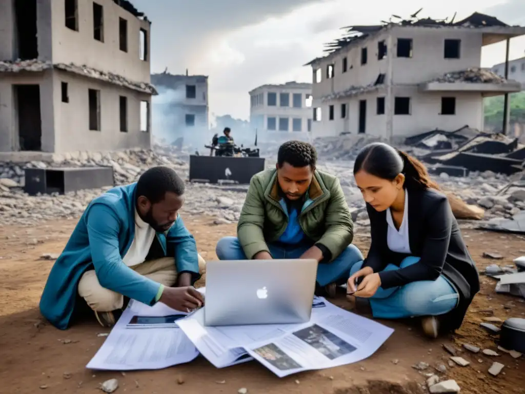 Activistas usan herramientas digitales para derechos humanos en zona de conflicto, rodeados de destrucción y cielo sombrío