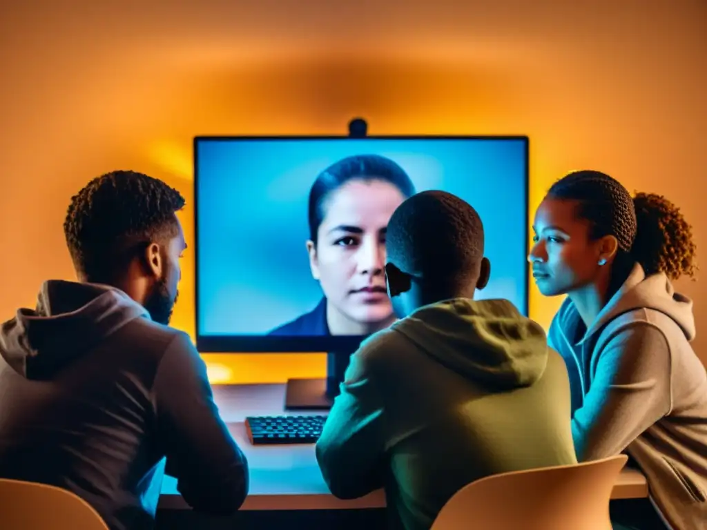 Activistas usando herramientas tecnológicas para evadir censura y defender derechos humanos en una habitación iluminada por el brillo de un monitor