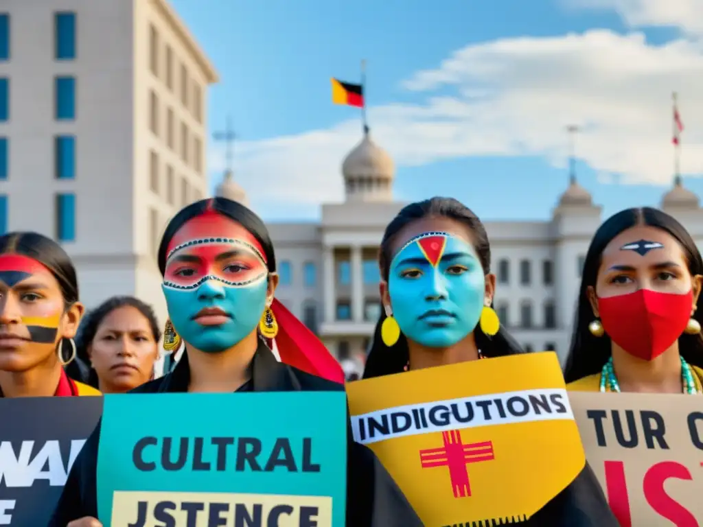 Activistas indígenas con atuendo tradicional y pancartas, pinturas faciales representativas de su herencia cultural