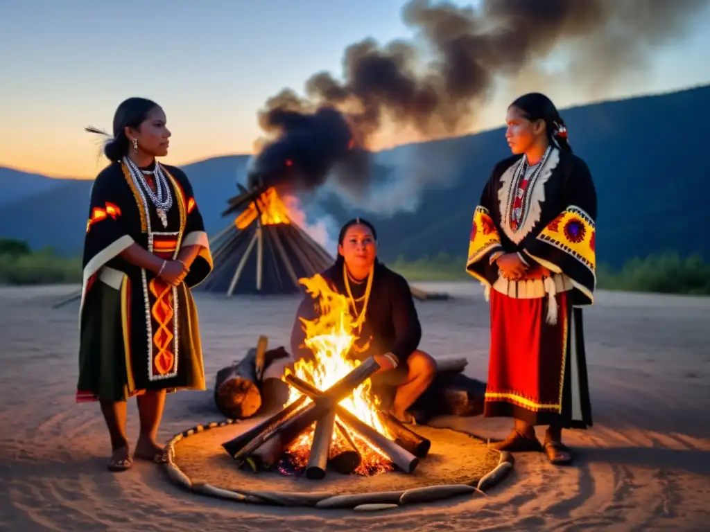 Activistas indígenas realizan una ceremonia alrededor de una hoguera, destacando sus coloridos atuendos