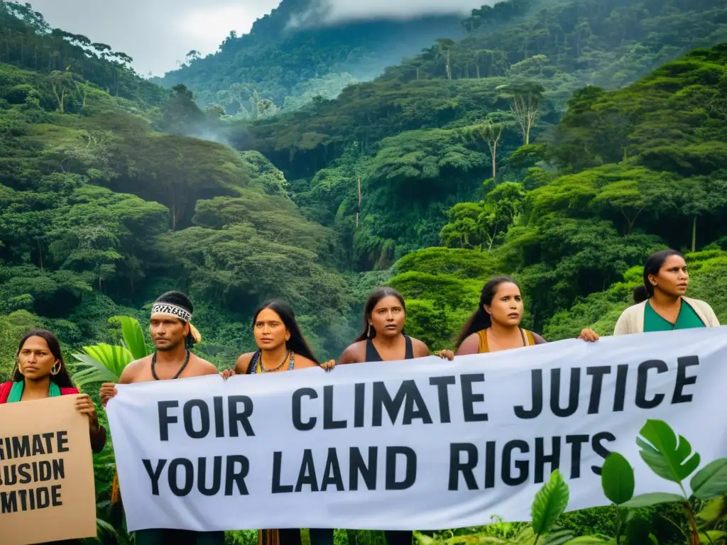 Activistas indígenas luchando por la justicia climática en un bosque exuberante