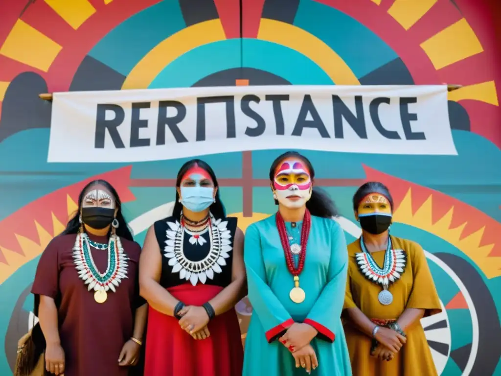 Activistas indígenas sostienen mensajes de derechos, frente a un mural que celebra el arte indígena como forma de resistencia