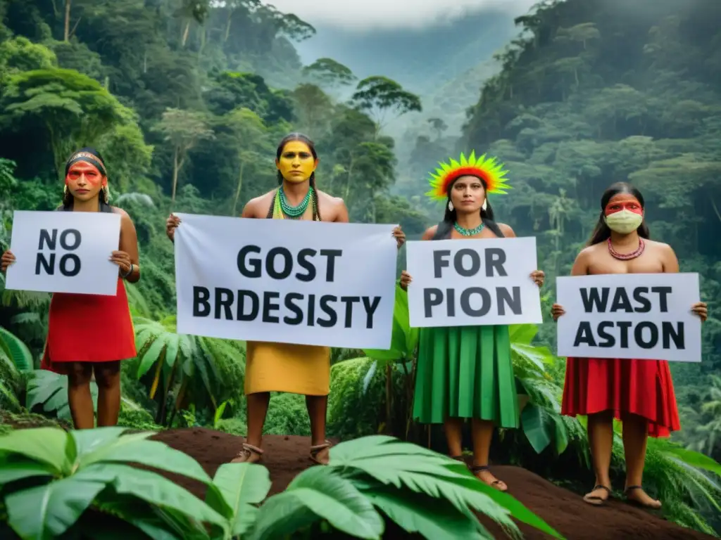 Activistas indígenas en la selva, con atuendos tradicionales y pancartas, luchando por la conservación de la biodiversidad y el medio ambiente