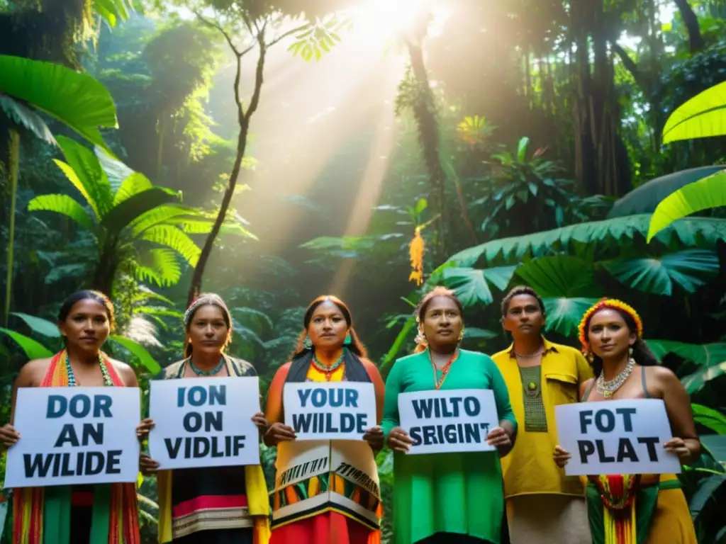 Activistas indígenas en la selva, luchando por la conservación de la biodiversidad, con vestimenta tradicional y pancartas