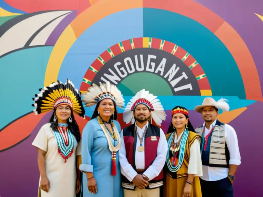 Activistas indígenas con vestimenta tradicional frente a mural vibrante de empoderamiento y derechos humanos, celebrando el renacimiento indígena