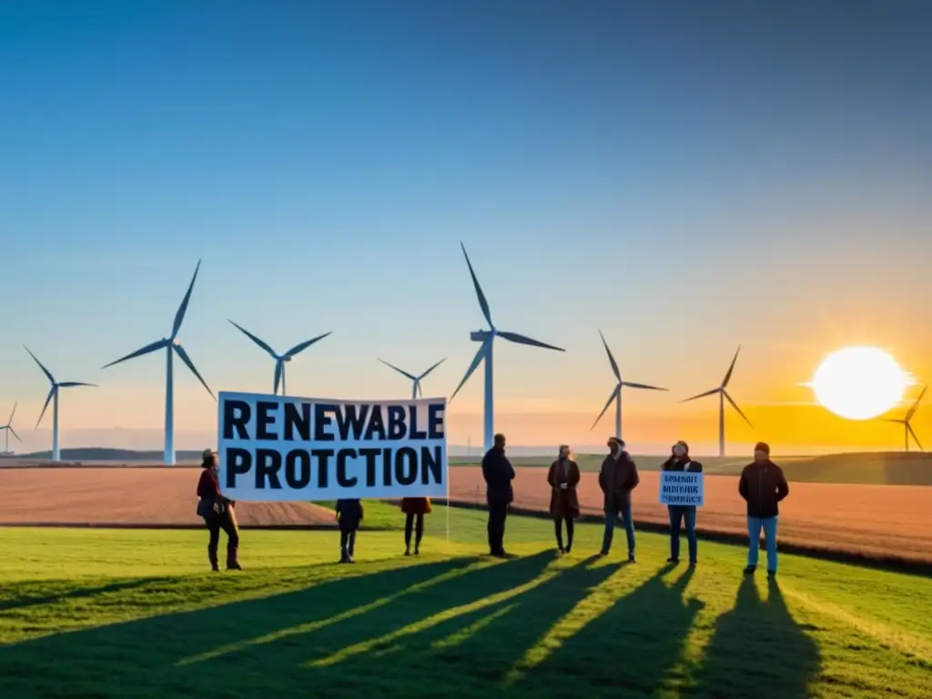 Activistas defendiendo la justicia climática frente a un parque eólico al atardecer, con carteles por la tecnología para la defensa ambiental